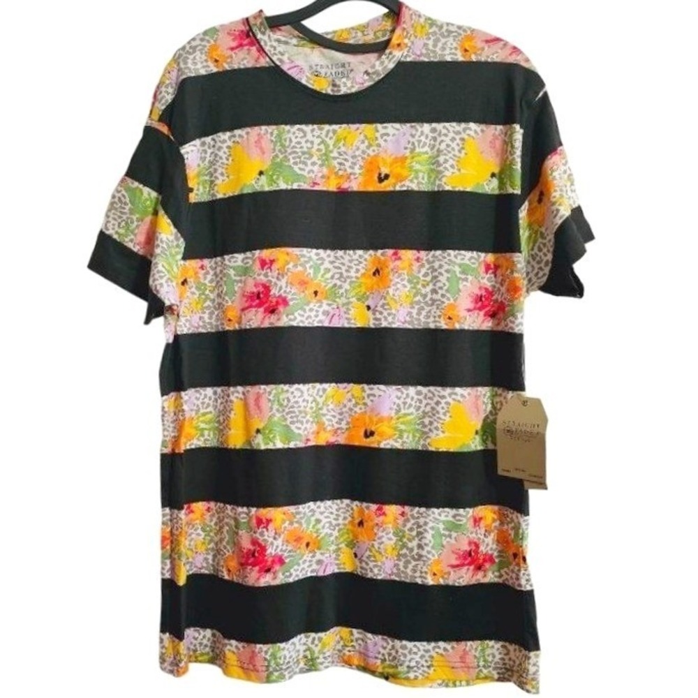 Straight Faded  Tee Shirt size‎ Large Floral animal print stripes Black New